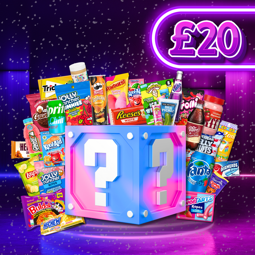 Assorted candy and snack packaging with a question mark box and £20 neon sign on a dark background.