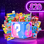 Assorted candy and snack packaging with a question mark box and £20 neon sign on a dark background.