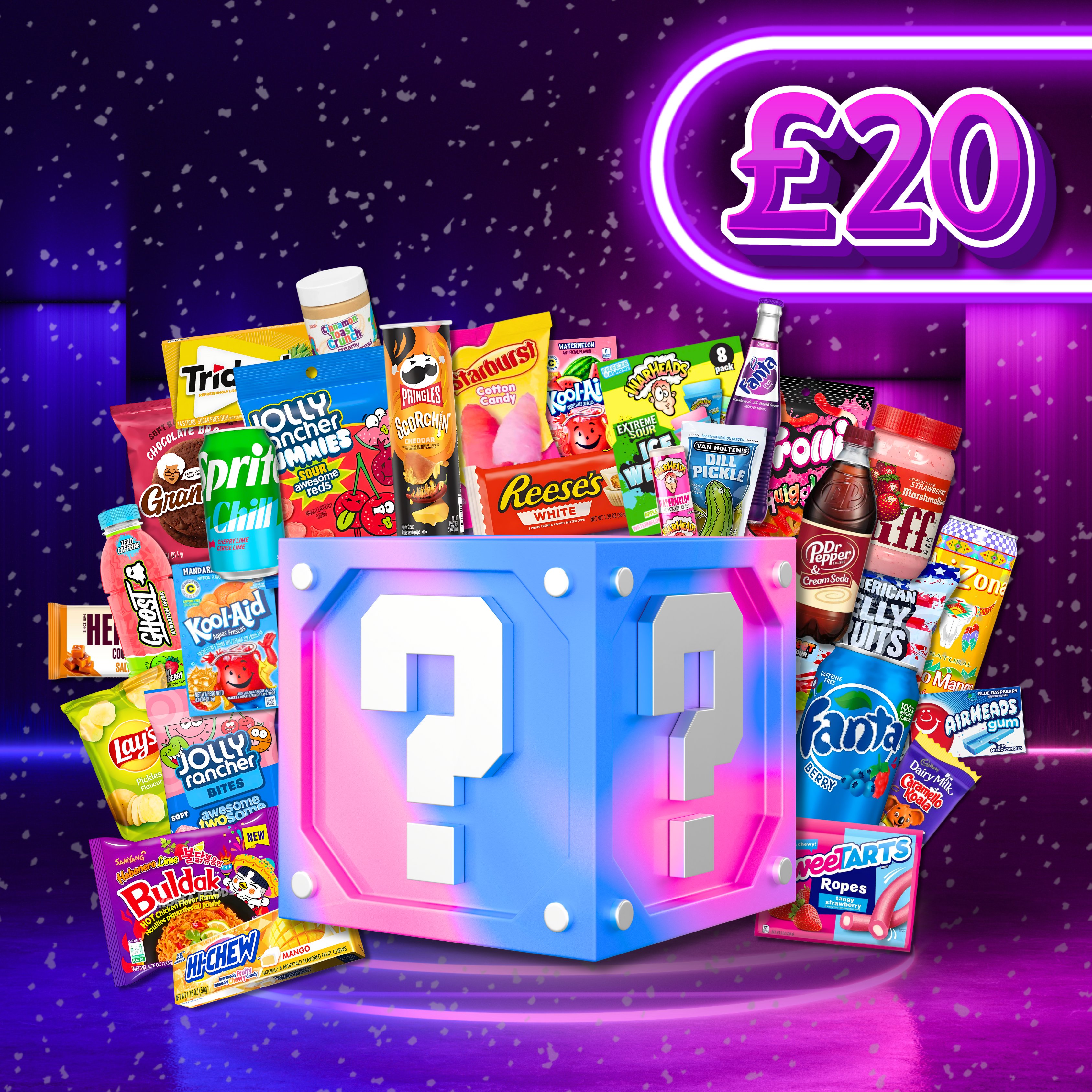 Assorted candy and snack packaging with a question mark box and £20 neon sign on a dark background.