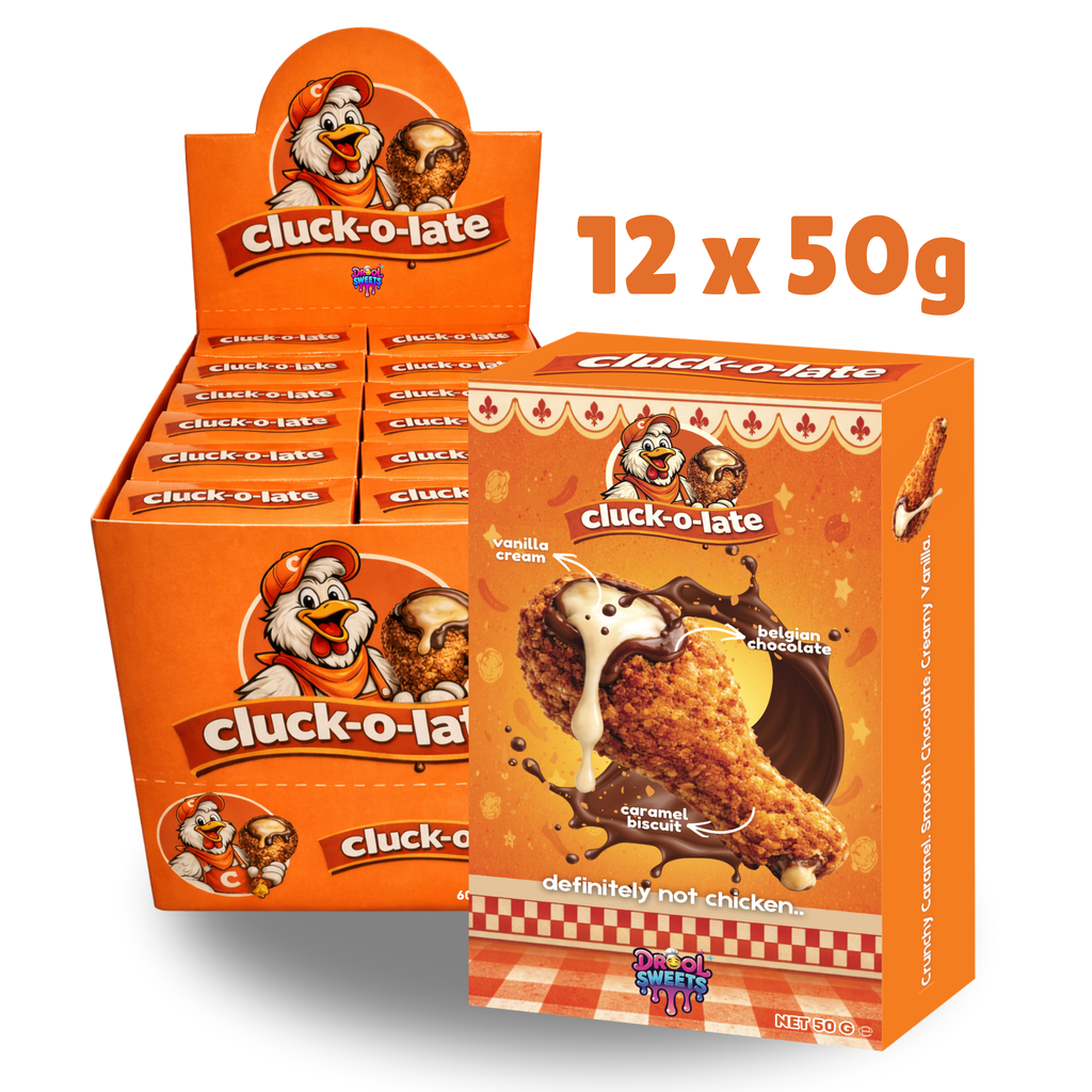 PRE-ORDER - Cluck-o-late 50g x 12 – Chicken Drumstick Chocolate with Vanilla Cream by Drool Sweets