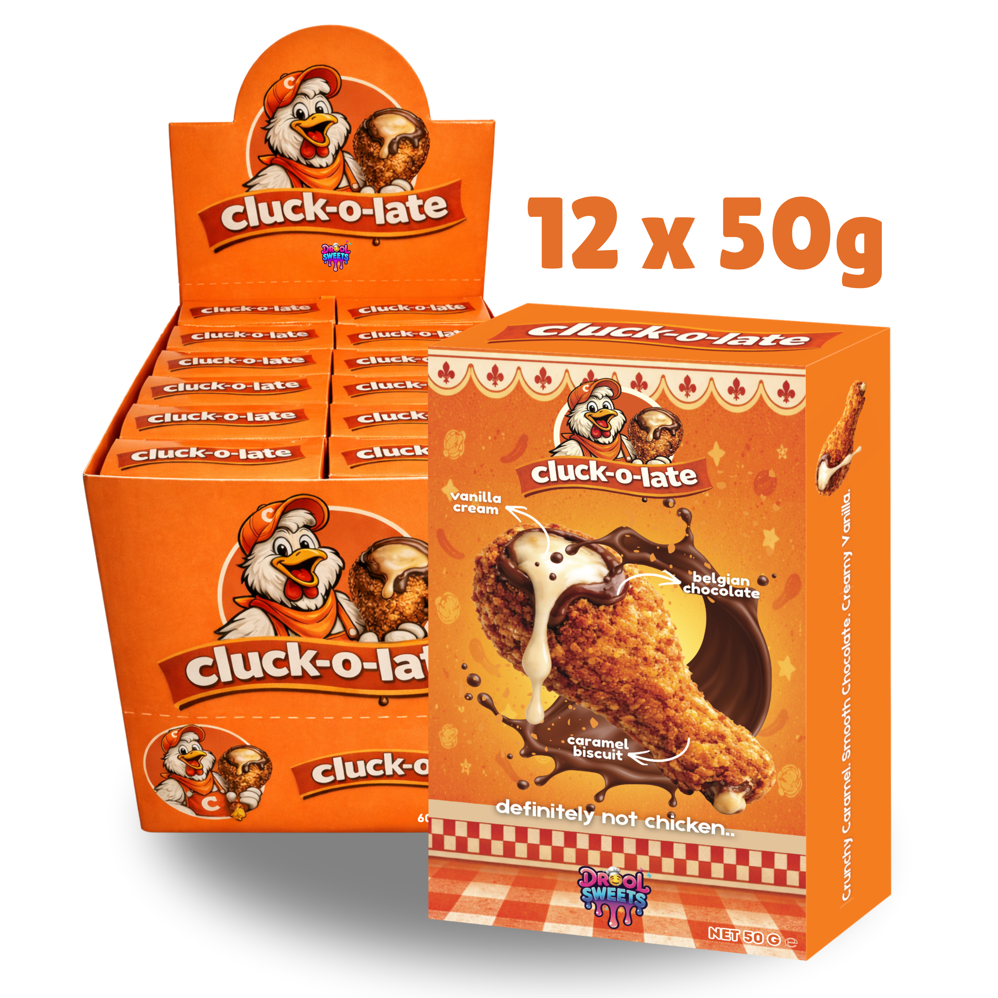 PRE-ORDER - Cluck-o-late 50g x 12 – Chicken Drumstick Chocolate with Vanilla Cream by Drool Sweets